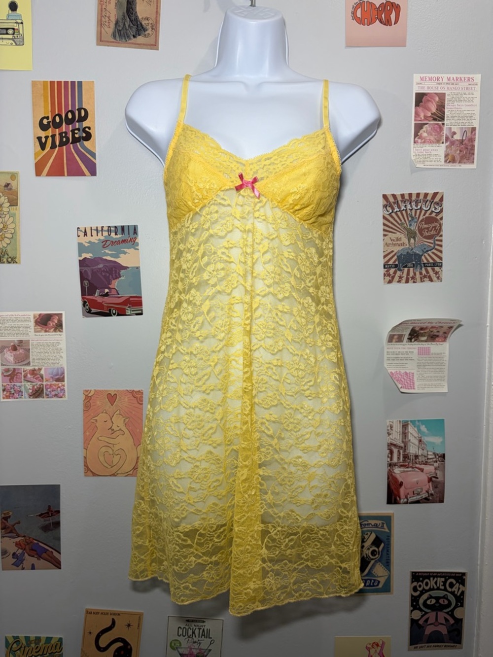 Yellow Lace Chemise Slip with Pink Bow Accent